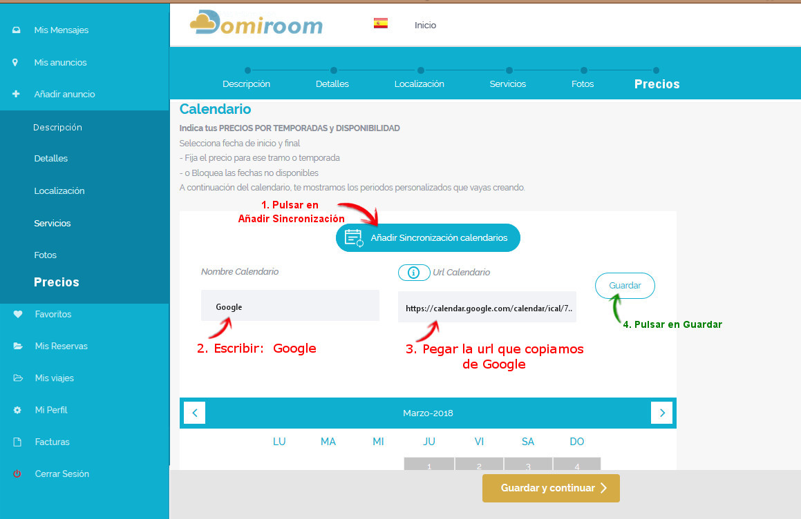 sincronizar calendario de google con domiroom paso 3